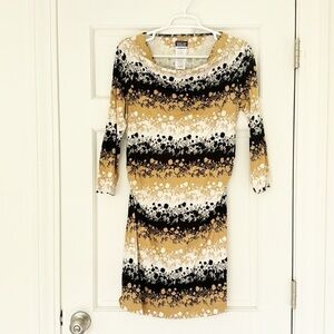 PATAGONIA dress size M black brown white organic cotton draped neck 3/4 sleeves